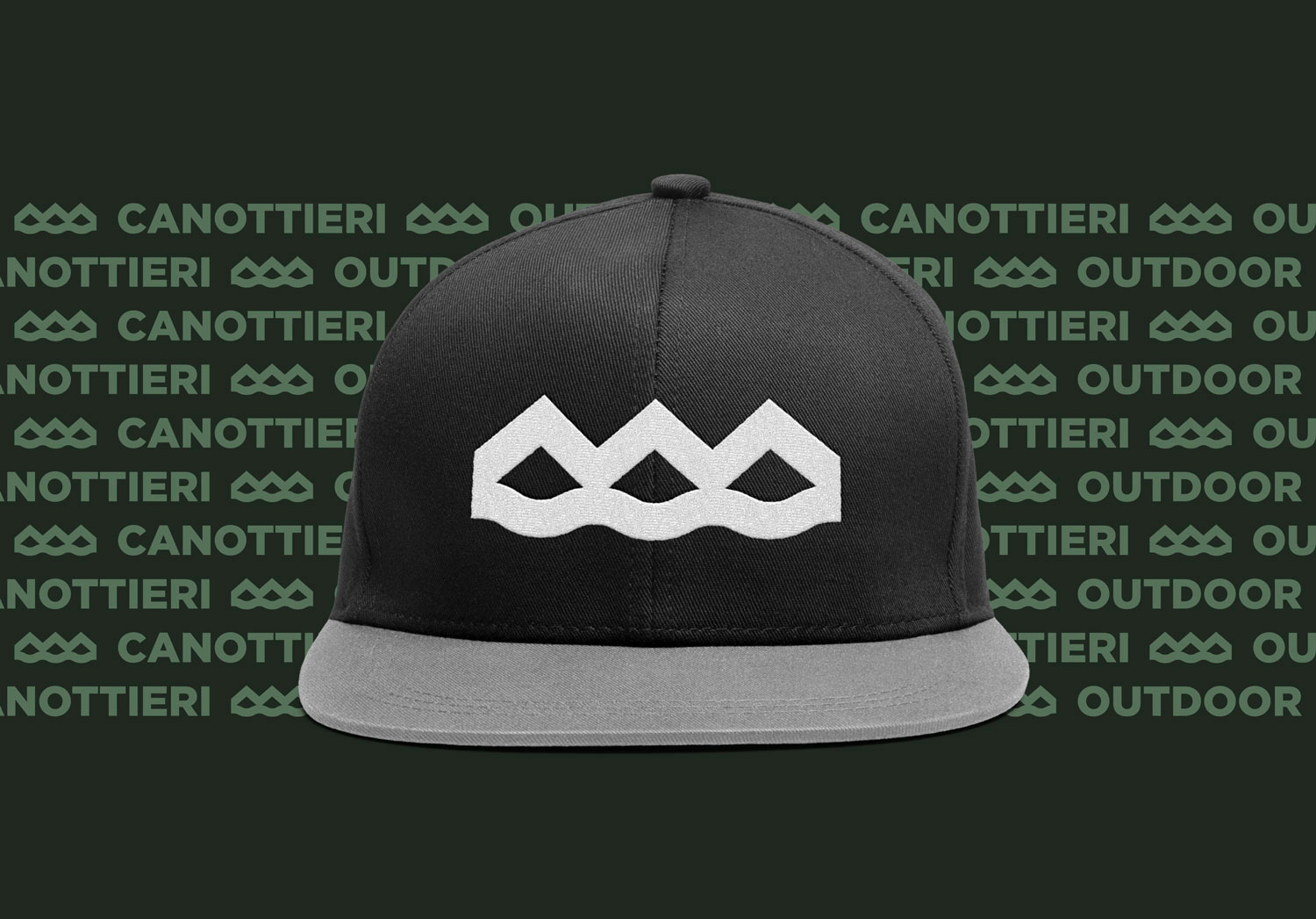 Logo e brand identity di Canottieri Outdoor Omegna realizzato da SEBA! grafico di Gravellona Toce nel VCO di un cappello grigio e nero con ricamato il pittogramma