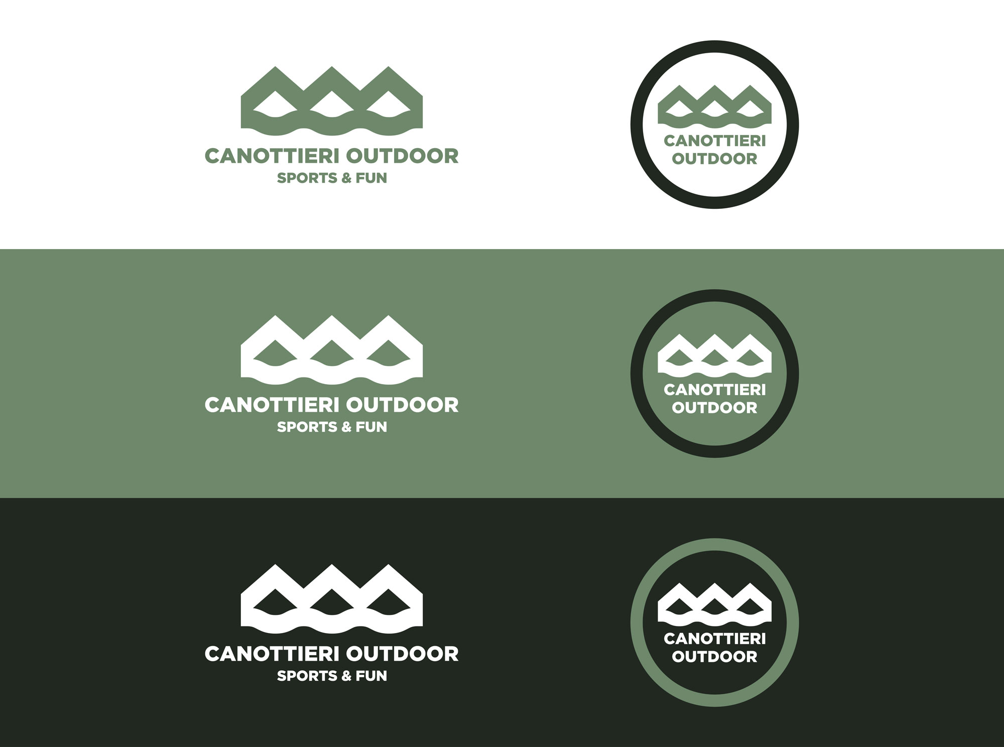 Logo e brand identity di Canottieri Outdoor Omegna realizzato da SEBA! grafico di Gravellona Toce nel VCO delle differenti versioni del logo su differenti sfondi