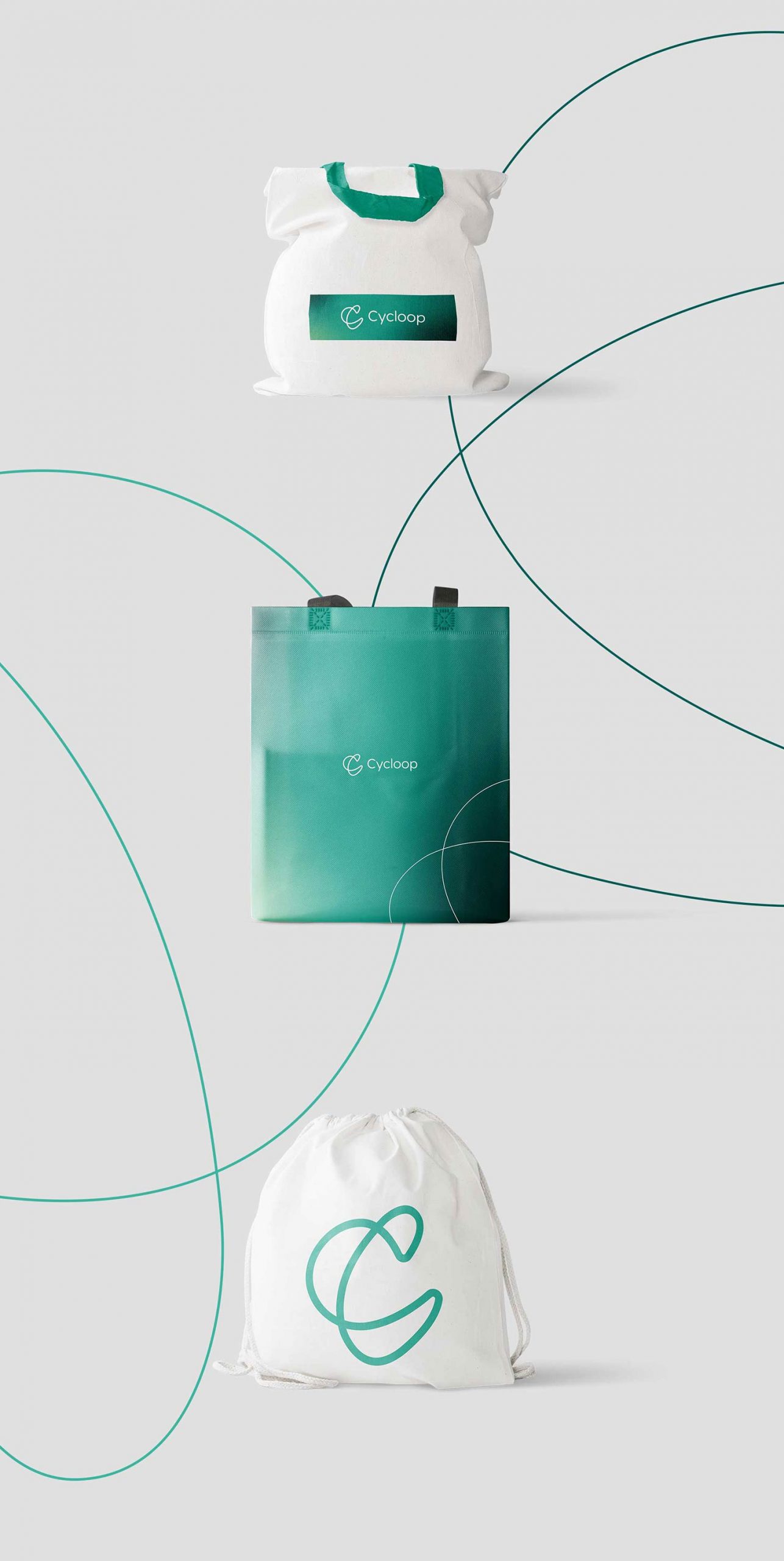 Logo e brand identity di Cycloop realizzato da SEBA! grafico di Gravellona Toce nel VCO di tre borse bianche e verdi