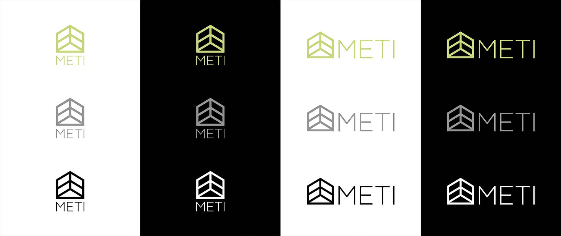 Logo e brand identity di Meti realizzato da SEBA! grafico di Gravellona Toce nel VCO di tutte le versioni di logo su sfondo bianco e nero