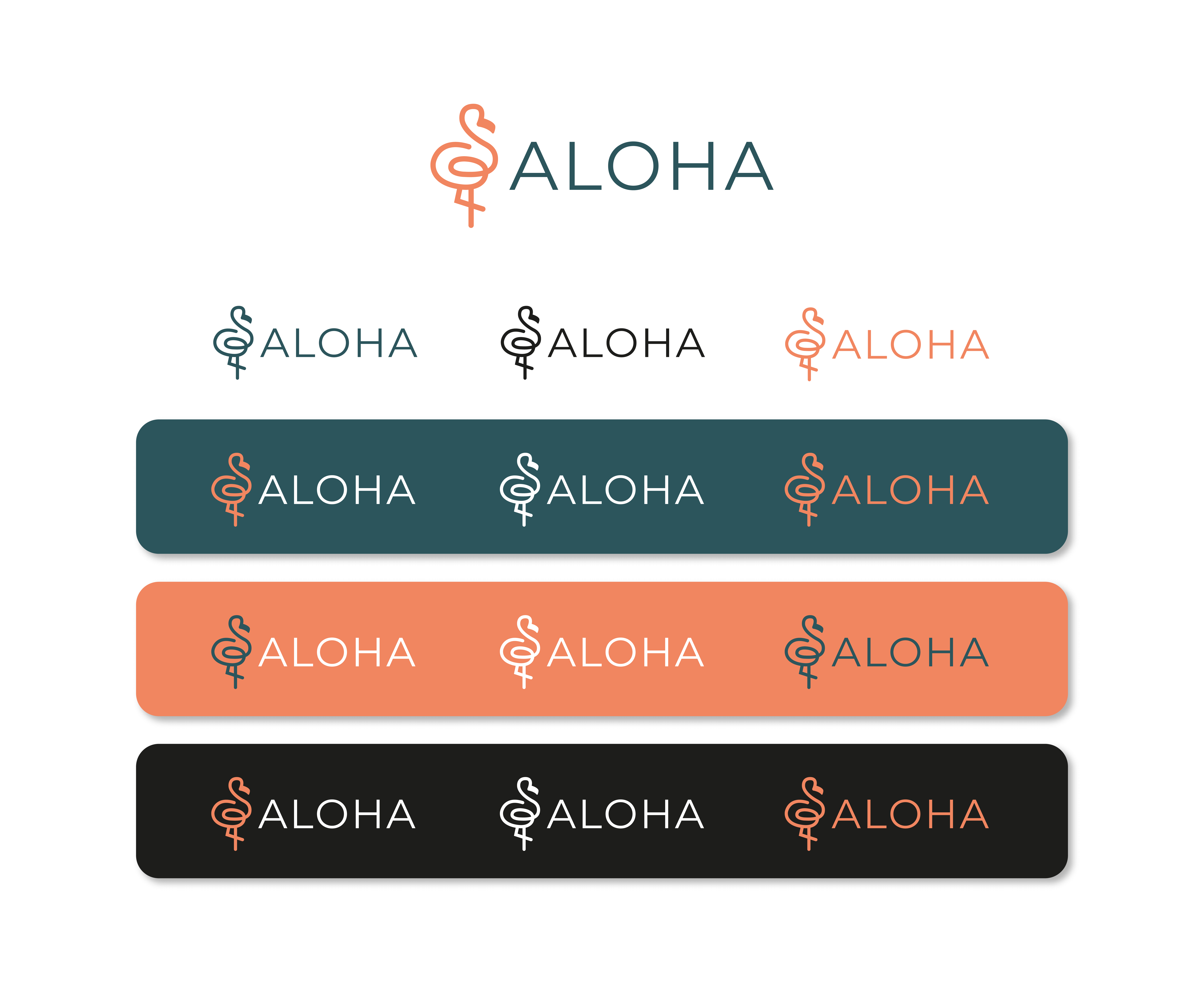 Logo e brand identity di Aloha realizzato da SEBA! grafico di Gravellona Toce nel VCO di tutte le versioni di logo su differenti sfondi